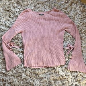 Express Blush Pink Ribbed Knit Sweater with Tie-Sleeve Detail XS